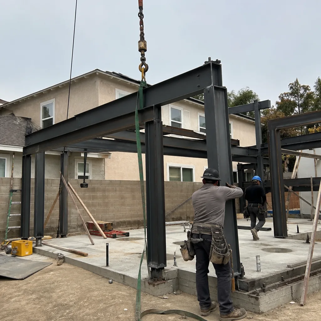 Workers installing steel structural framing for a custom backyard ADU project