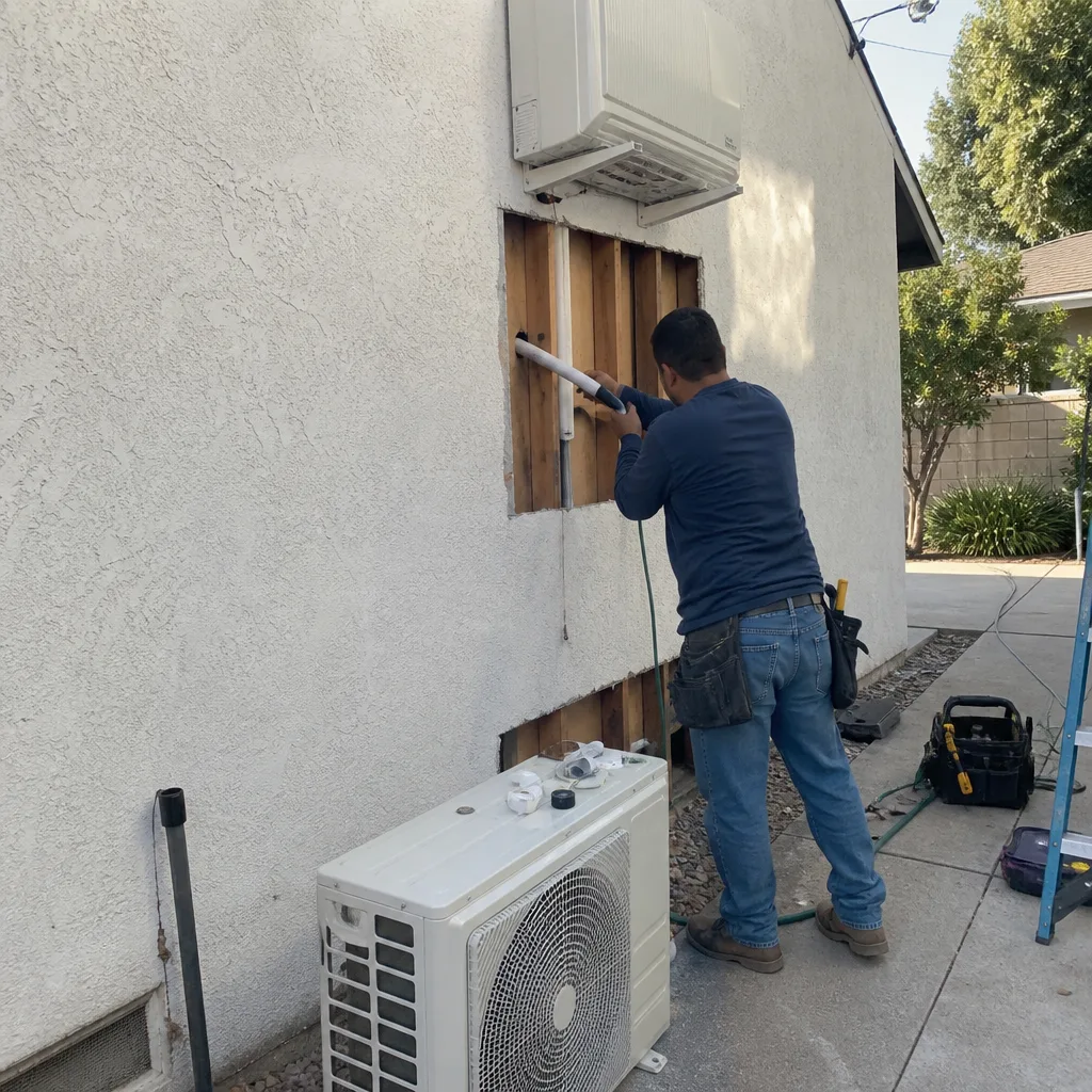Technician installing HVAC system for garage conversion project