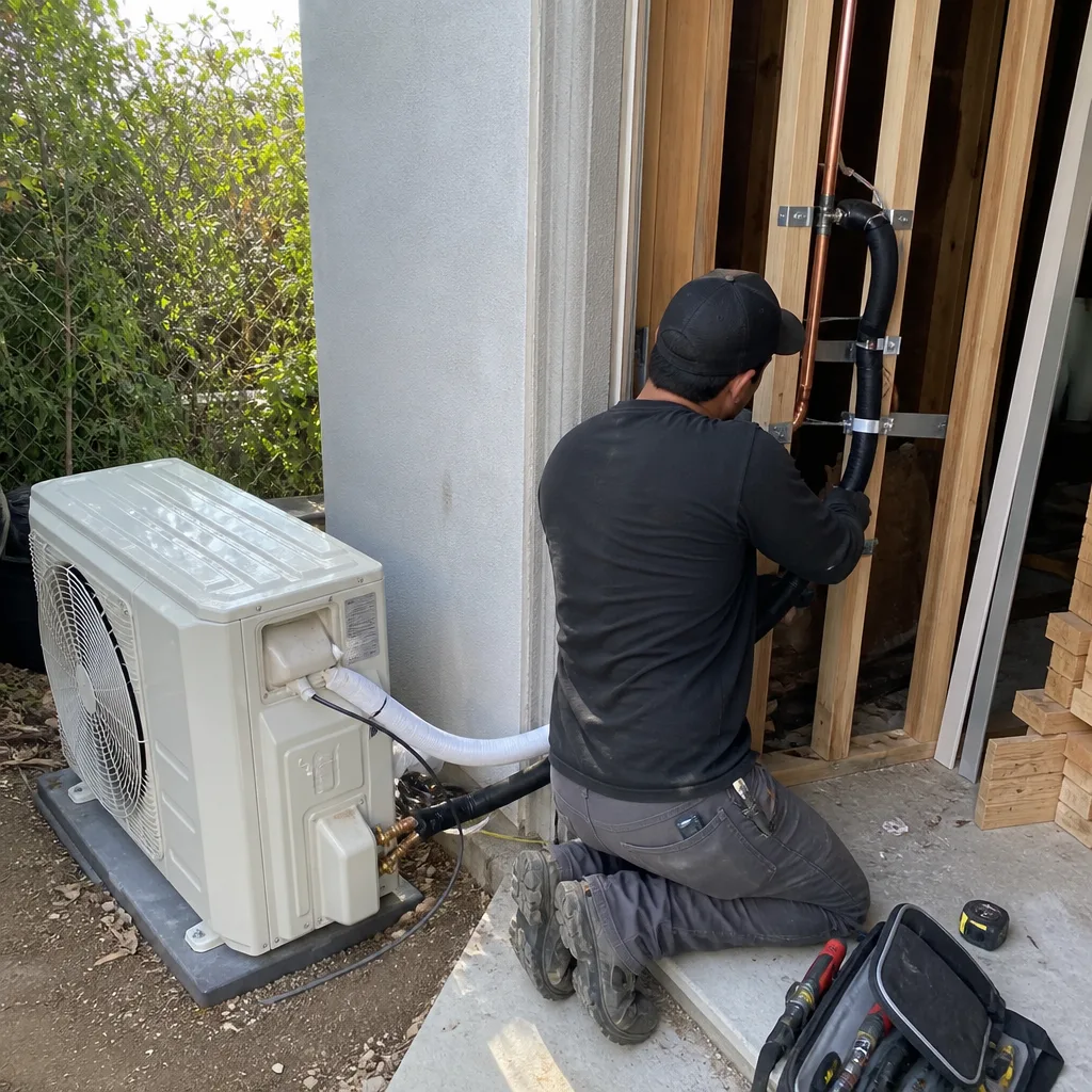 Contractor installing HVAC lines for garage conversion ADU