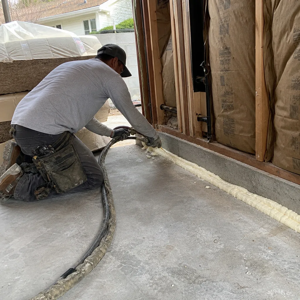 Contractor applying spray foam sealant during a garage conversion renovation project.