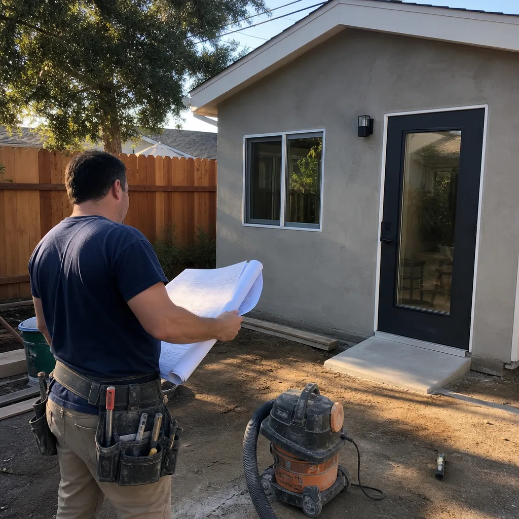 Contractor reviewing blueprints in front of a completed ADU project