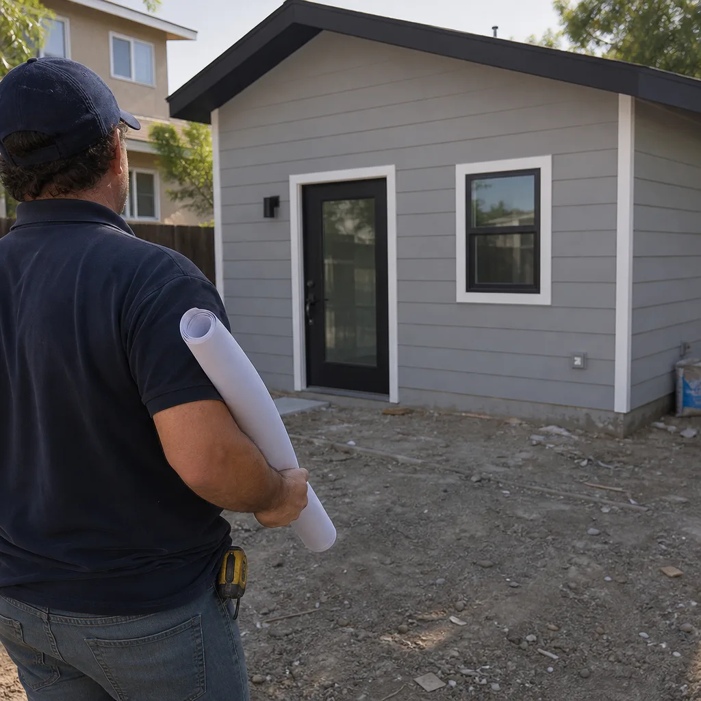 Contractor holding blueprints in front of a newly built accessory dwelling unit
