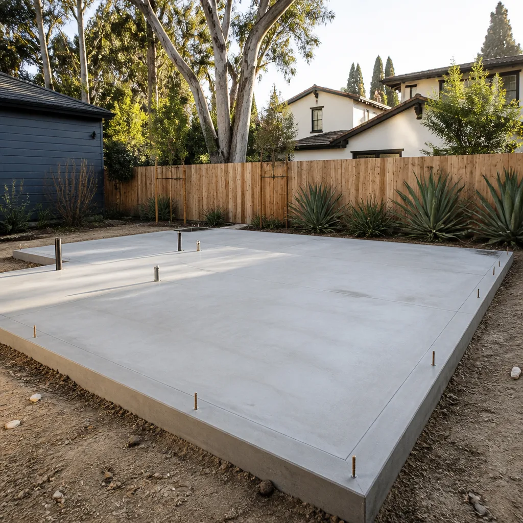 A fresh concrete slab for a backyard ADU