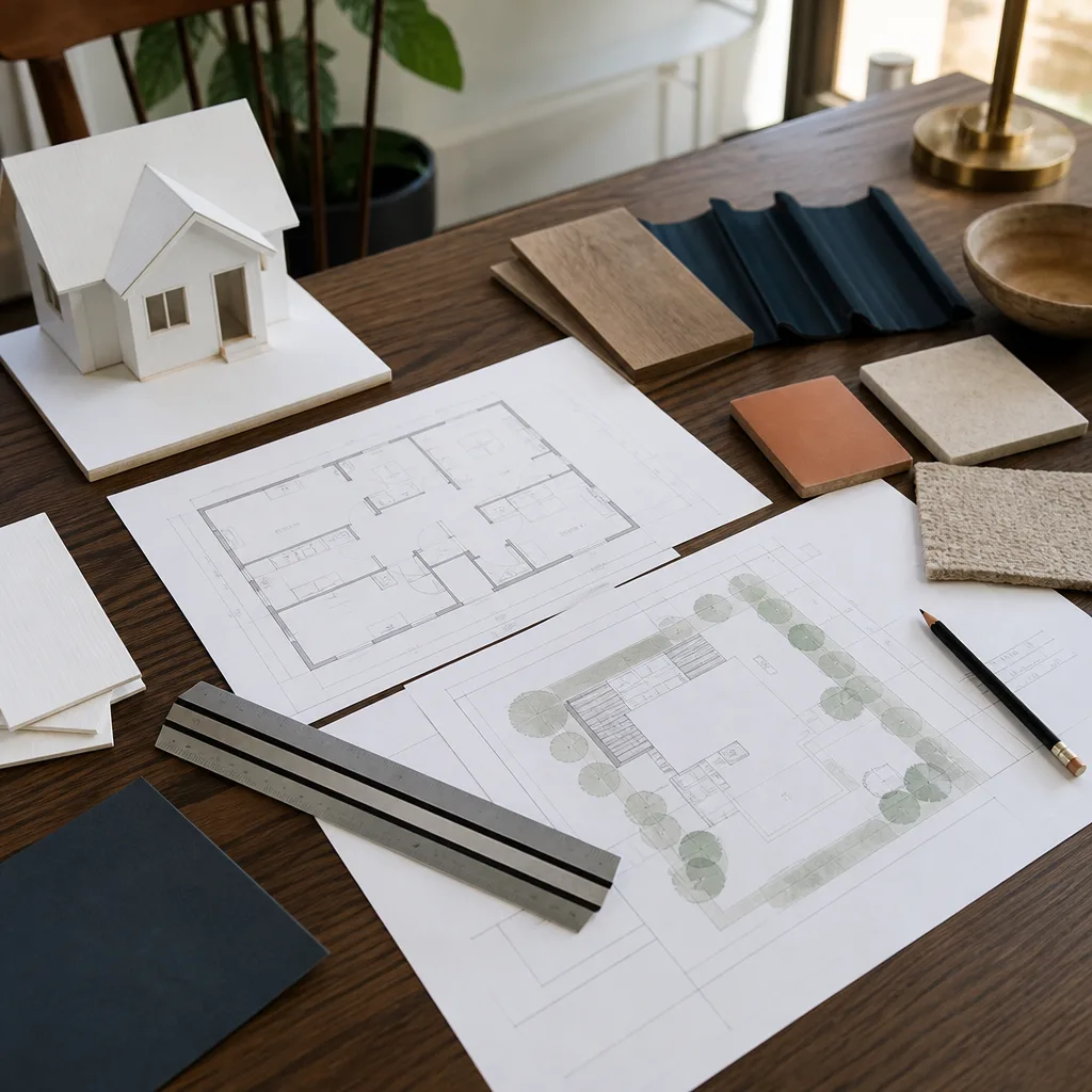 ADU plans, samples and a small model on a desk